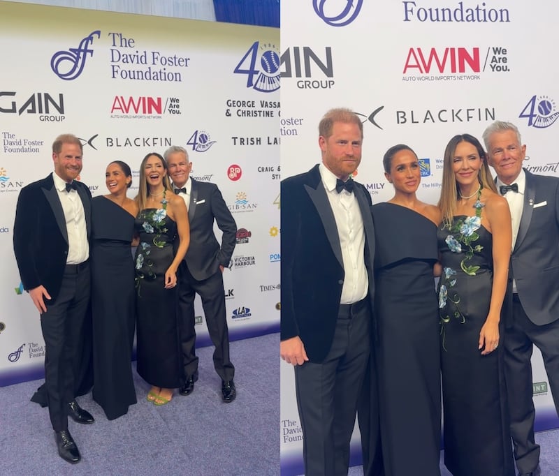 Meghan Markle and Prince Harry with David Foster and Katharine McPhee on the red carpet at the David Foster Foundation’s 40th anniversary gala in Victoria on Friday, Aug. 7, 2026. (Megan Yamoah)