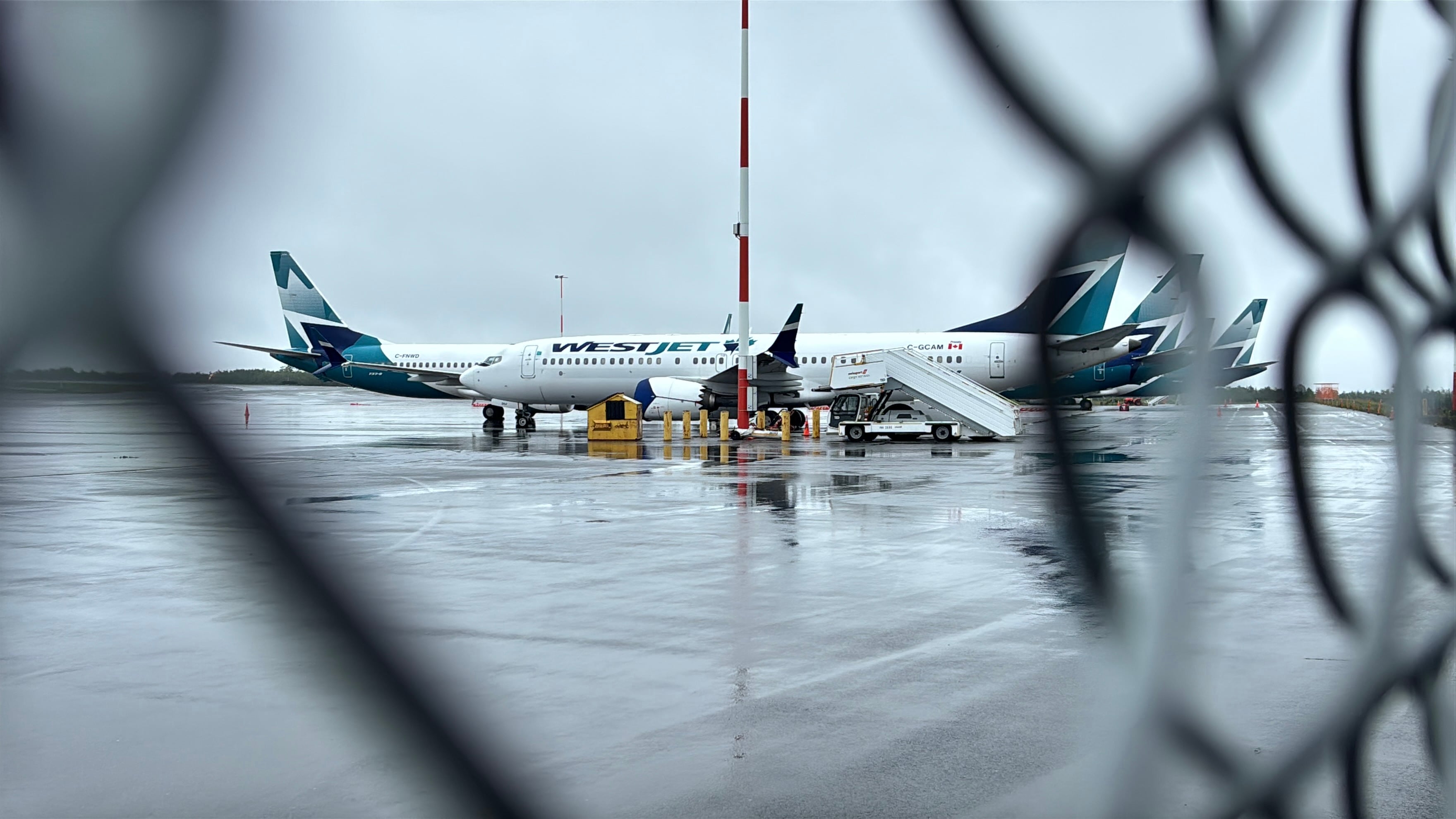 A WestJet plane is seen grounded at the Halifax Stanfield International Airport. (CTV/Callum Smith)