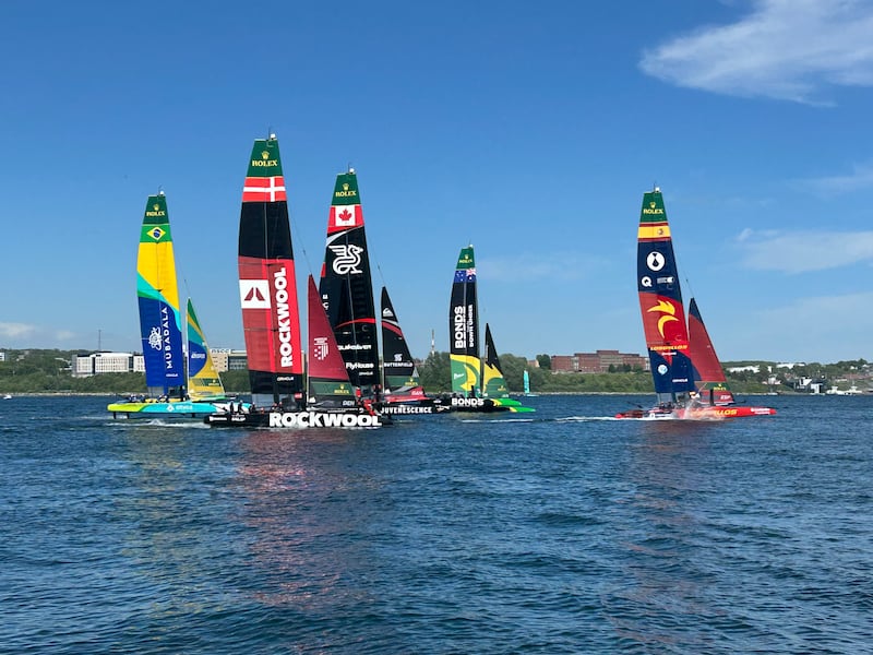 F-50 catamarans are pictured in the Halifax harbour ahead of the Canada Sail Grand Prix. (CTV Atlantic / Jonathan MacInnis)