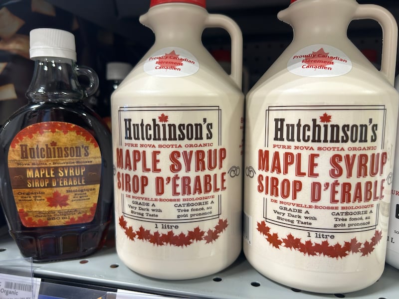 Bottles of maple syrup from Hutchinson's Acres are pictured. (Jonathan MacInnis/CTV News Atlantic)