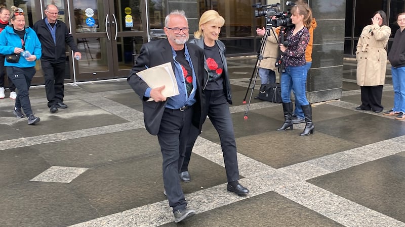 Luc Saulnier and his wife Diane Thibeault are pictured outside Moncton provincial court on May 7, 2026. (Derek Haggett/CTV Atlantic)