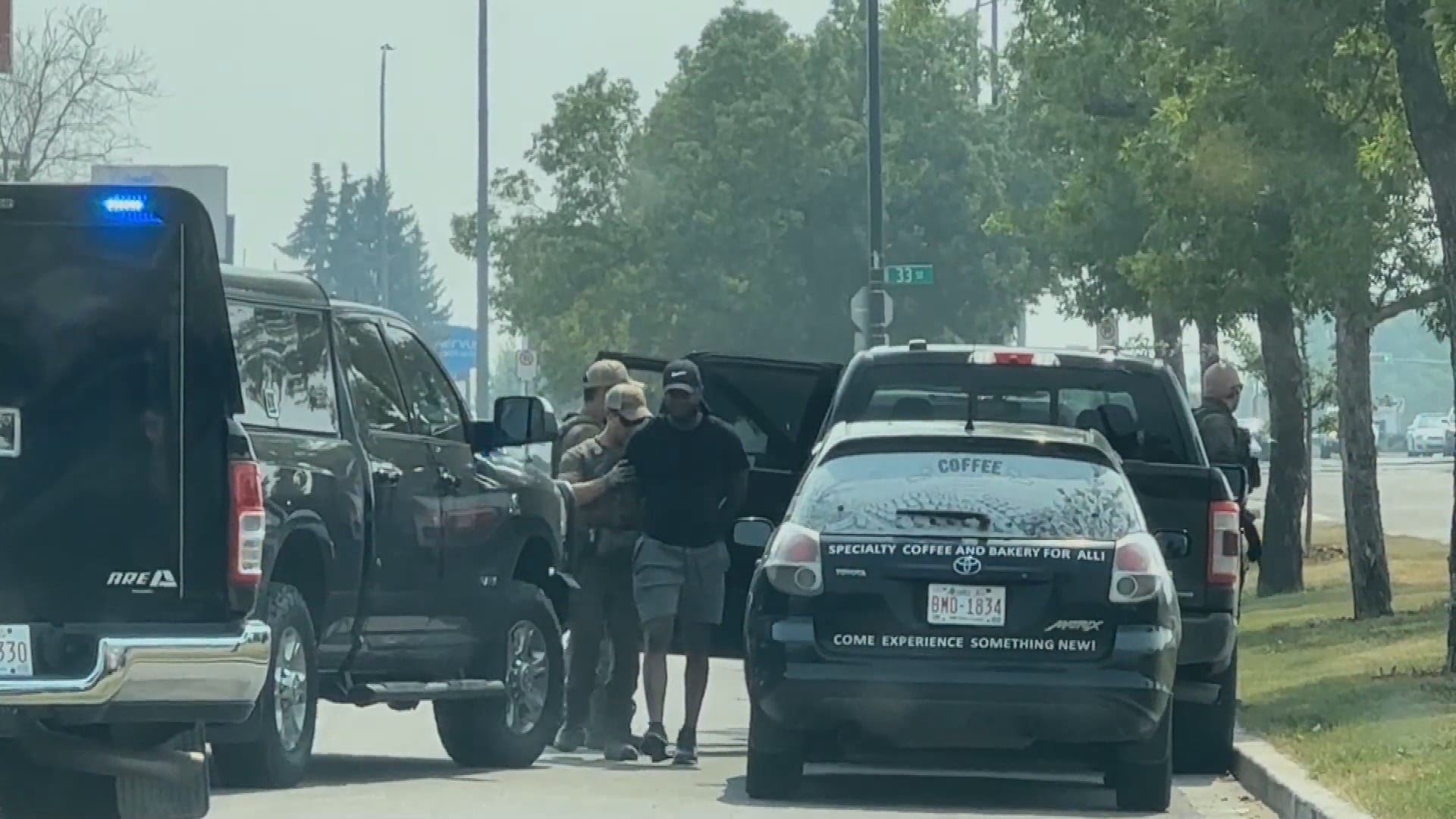 A suspect is arrested in Red Deer, Alta., on July 23, 2024, as part of Project Endgame, an investigation into human-trafficking between western Canada and Quebec. (Source: Alberta Law Enforcement Teams)