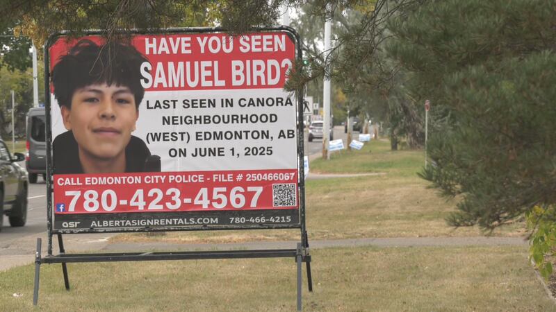 A large missing person poster for Samuel Bird in west Edmonton on Sept. 29, 2025. (CTV News Edmonton)