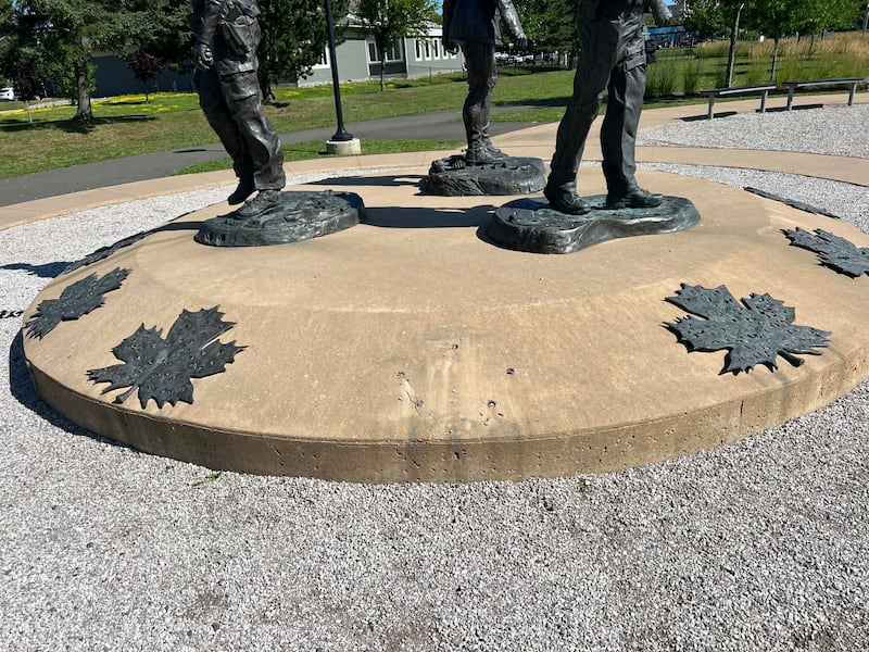 It appears a bronze maple leaf has been stolen from a memorial dedicated to three Mounties killed in Moncton, N.B., on June 4, 2014. (Derek Haggett/CTV News Atlantic)
