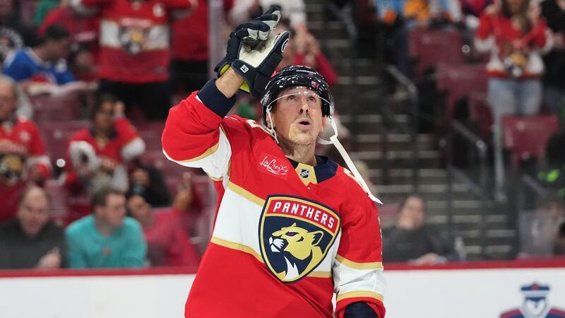 Florida Panthers left wing Brad Marchand celebrates after scoring a goal during the second period of an NHL hockey game against the Dallas Stars, Saturday, Nov. 1, 2025, in Sunrise, Fla. (AP Photo/Lynne Sladky)