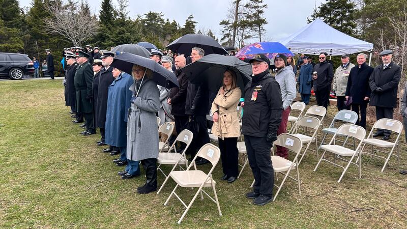 A crowd stands holding umbrellas.