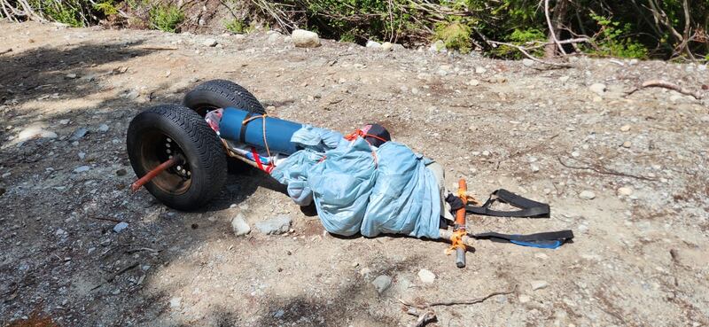 Beaumier built a wagon to haul his gear after his vehicle broke down.