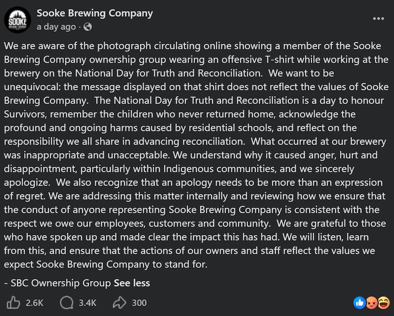 Sooke Brewing Company issued a statement addressing a photograph of an ownership group member wearing a “Show Me the Evidence” shirt at the brewery.