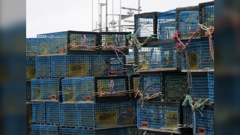 Stacked lobster traps are pictured. (Province of Nova Scotia)