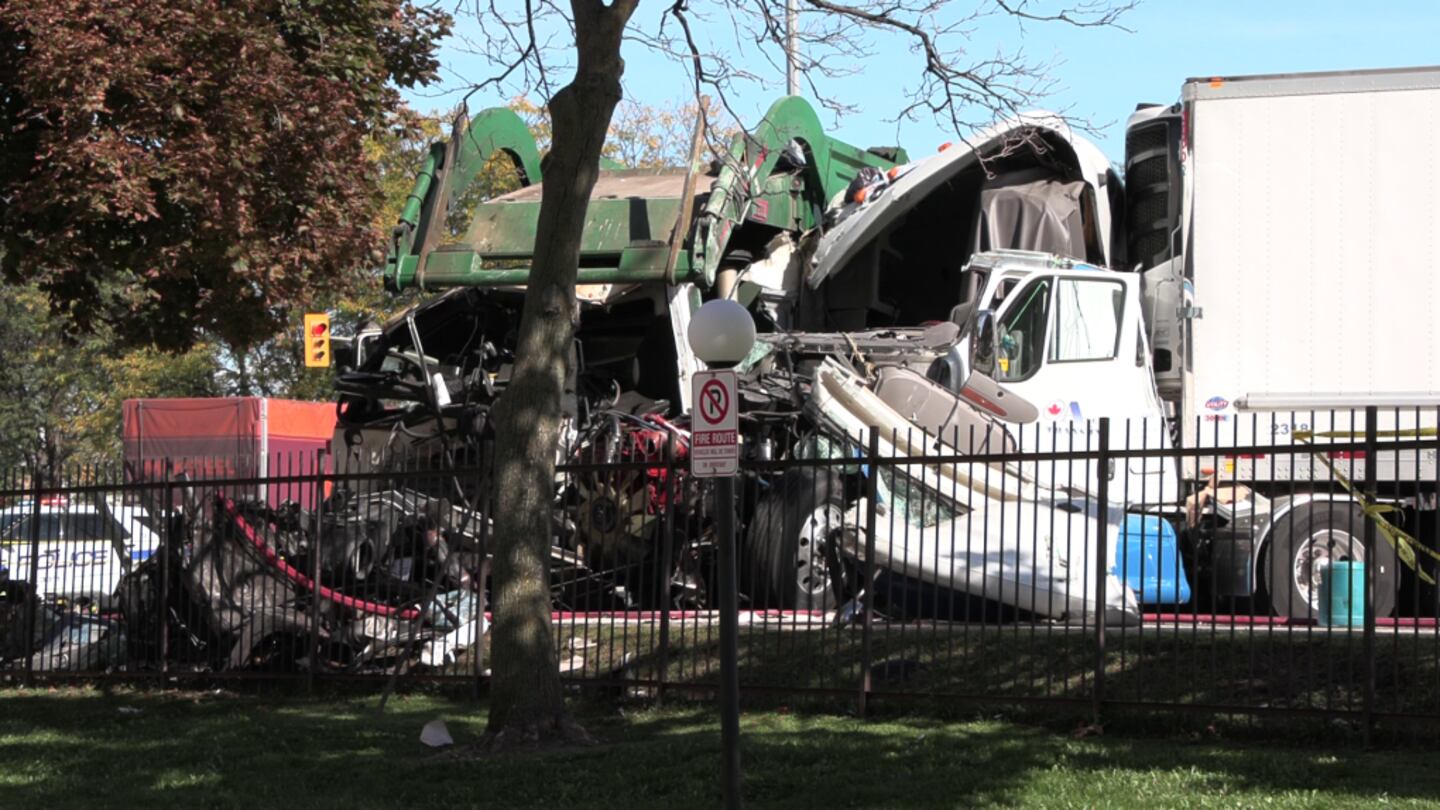 Woman dead after transport truck collides with garbage truck in Mississauga