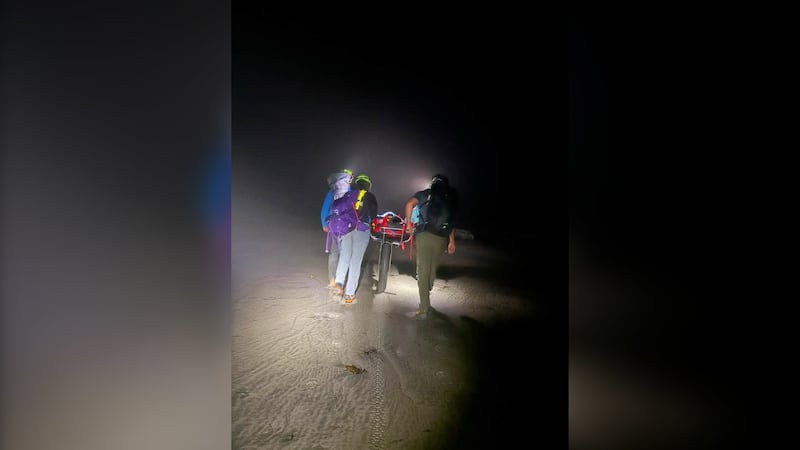 Rescuers transport a patient toward the Pachena Bay Information Centre.
