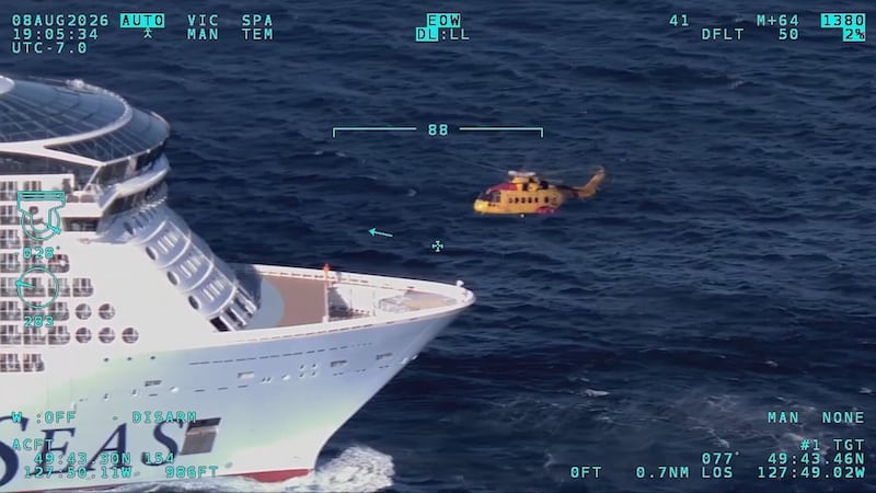 The CH-149 Cormorant helicopter and CC-295 Kingfisher rescue plane met the ship at sea in an operation captured on video and shared by the Canadian Armed Forces. (Handout)
