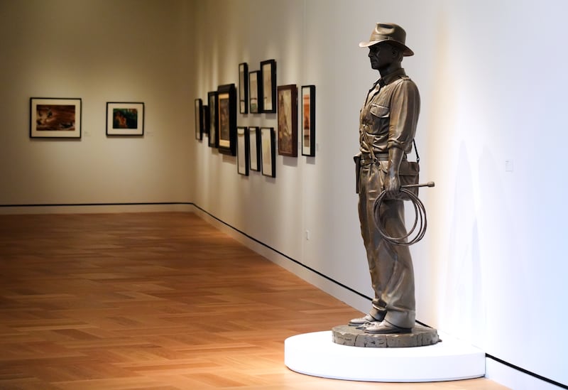 Lawrence Noble's 2025 bronze sculpture of the Indiana Jones movie character is pictured during a preview of the Lucas Museum of Narrative Art in Los Angeles on Aug. 31, 2026. (Chris Pizzello / AP Photo)