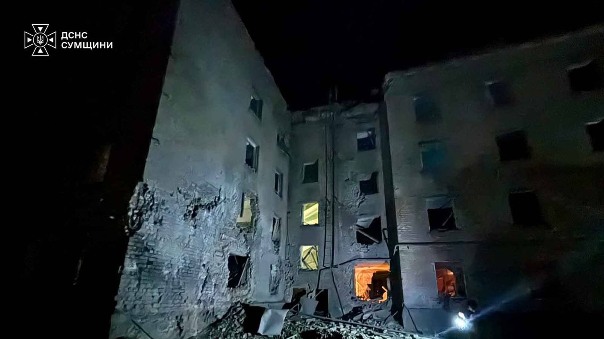 In this photo provided by the Ukrainian Emergency Service, a residential building is damaged following a Russian air attack in Sumy, Ukraine on Aug. 6, 2026. (Ukrainian Emergency Service via AP)
