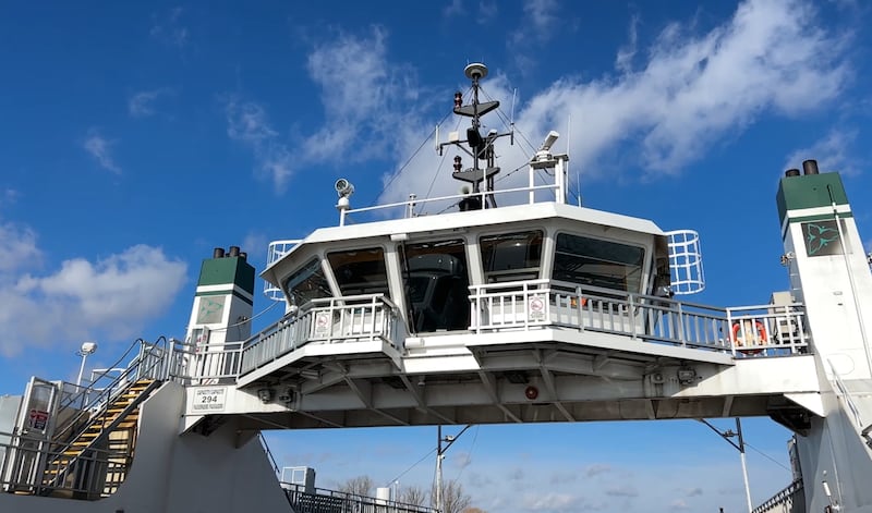 The bridge of the Wolfe Island Ferry is pictured on a partly cloudy day in January.