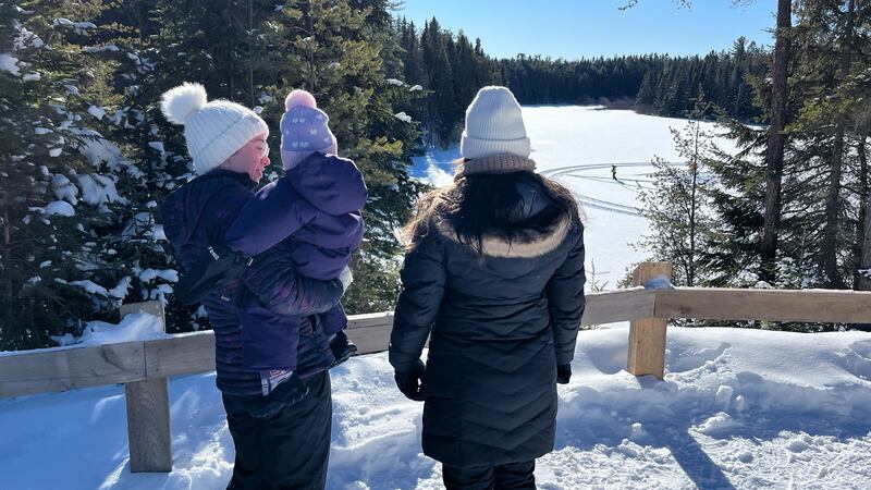 Three people stand near a fence overlooking a frozen lake.