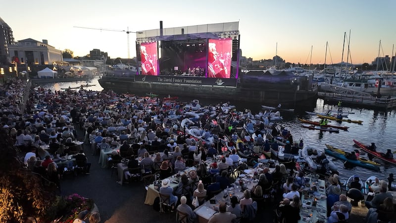 David Foster performs on the piano during his 40th anniversary concert in Victoria’s Inner Harbour on Aug. 8, 2026.